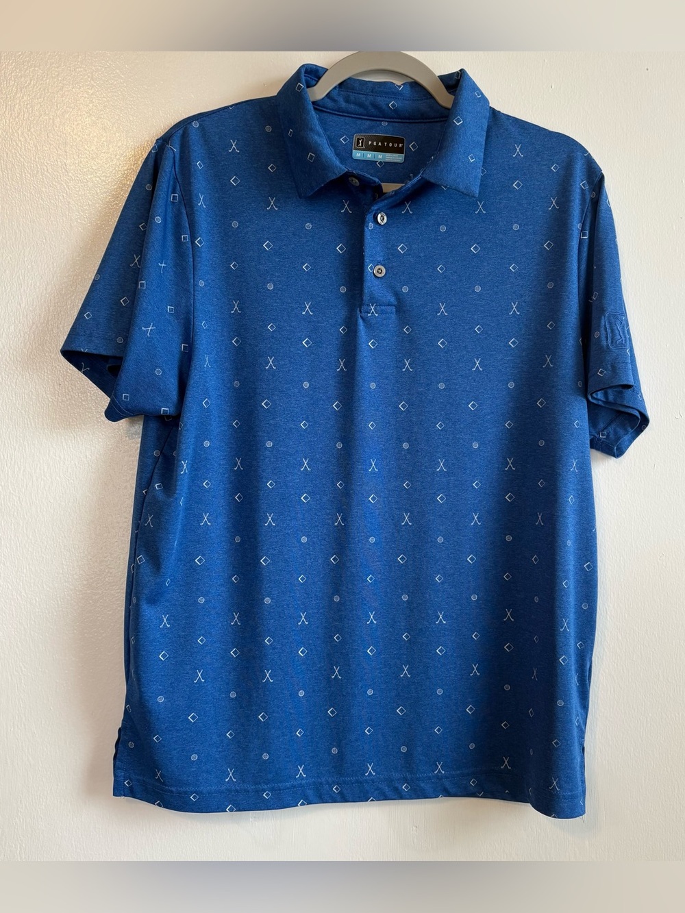 PGA TOUR Men's M Blue Patterned Short Sleeve Golf Polo Polyester Logo